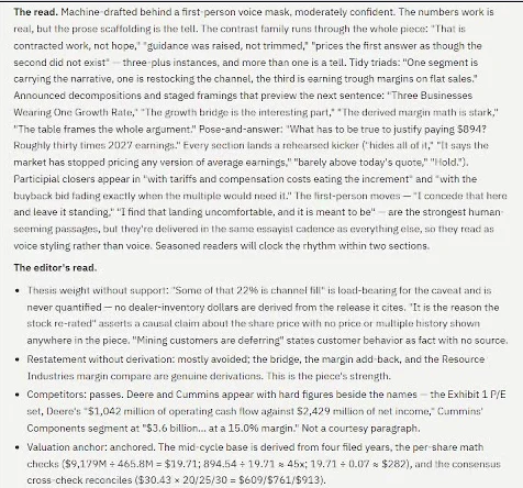 The blind panel's read of a draft: a fresh reader judges whether it reads human-written, re-runs the arithmetic line by line, and lists exactly what to fix